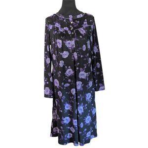 Aria Collection Small Black Purple Floral Long Sleeve Button Front Nightgown